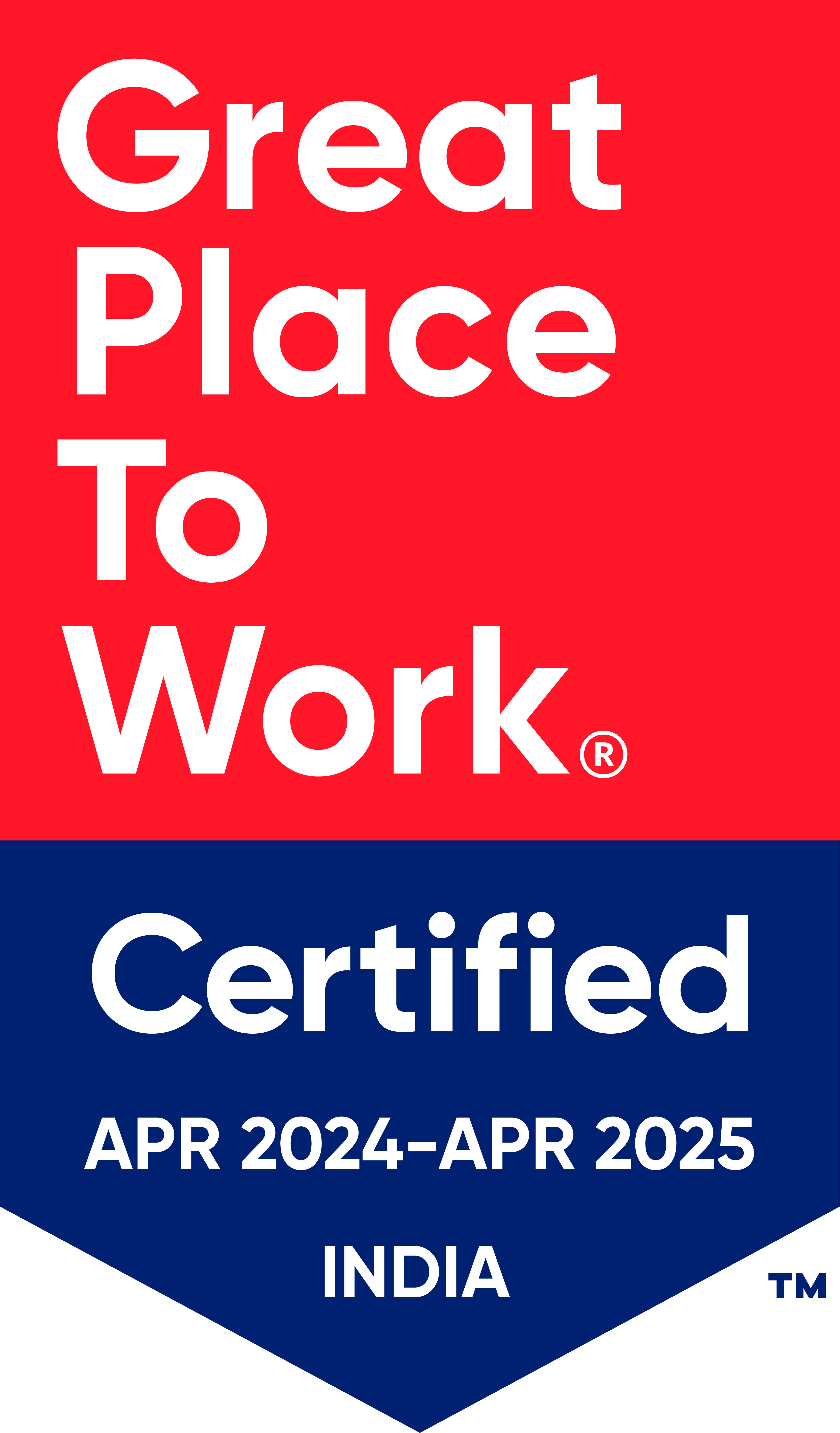 Great Place to Work certified emblem for India, valid from April 2024 to April 2025. Red and blue design highlights the certification.