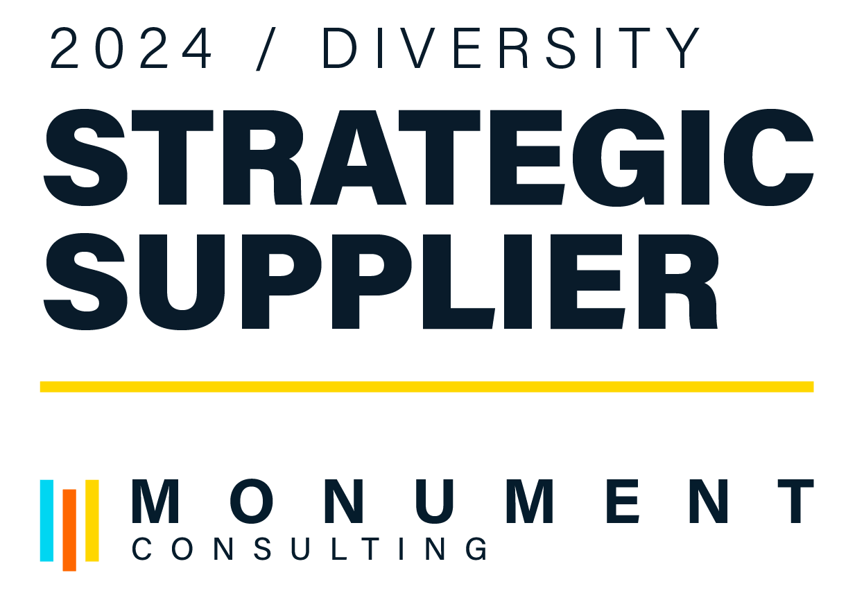 Logo for Monument Consulting, showcasing "2024 Diversity Strategic Supplier" in bold text with colorful accent bars.