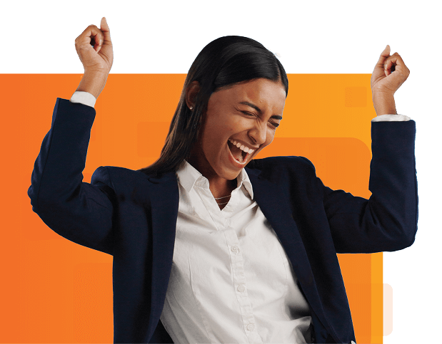 A woman in a business suit raises her arms triumphantly against a bright orange background, symbolizing confidence, success, and the excitement of new opportunities with NewJobphoria.