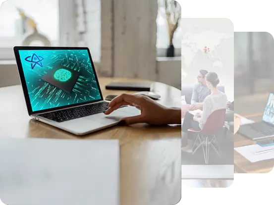 Laptop displaying Leoforce's digital brain interface, with a hand interacting, symbolizing AI integration in staffing solutions.