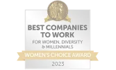 Award badge for "Best Companies to Work for Women, Diversity & Millennials" - Women's Choice Award, 2023, highlighting SPECTRAFORCE's recognition for promoting an inclusive and supportive work environment.