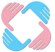 Logo with four stylized hands in pink and blue forming a square around a blank white space, symbolizing collaboration, unity, and mutual support.