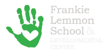Logo of Frankie Lemmon School & Developmental Center featuring a green handprint with a heart, symbolizing inclusive education, care, and developmental support.