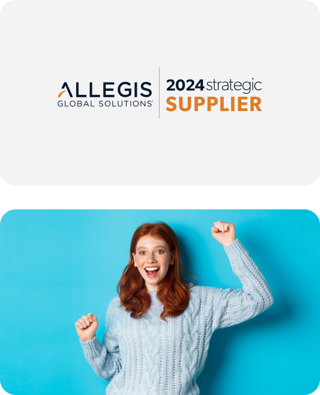 A woman in a light blue sweater exclaims triumph, raising her arms against a bright turquoise background. The logo indicates a supplier partnership.