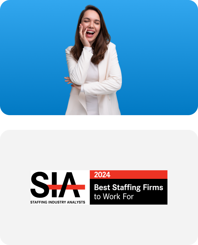A person in a white blazer stands with arms crossed against a blue background, promoting the 2024 Best Staffing Firms award.