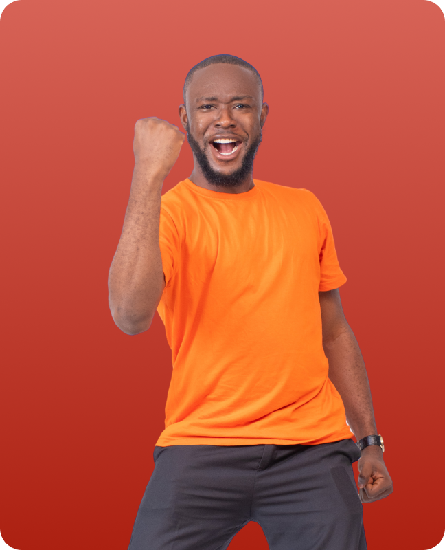 A person in an orange t-shirt stands confidently, raising a fist in celebration against a red gradient background.
