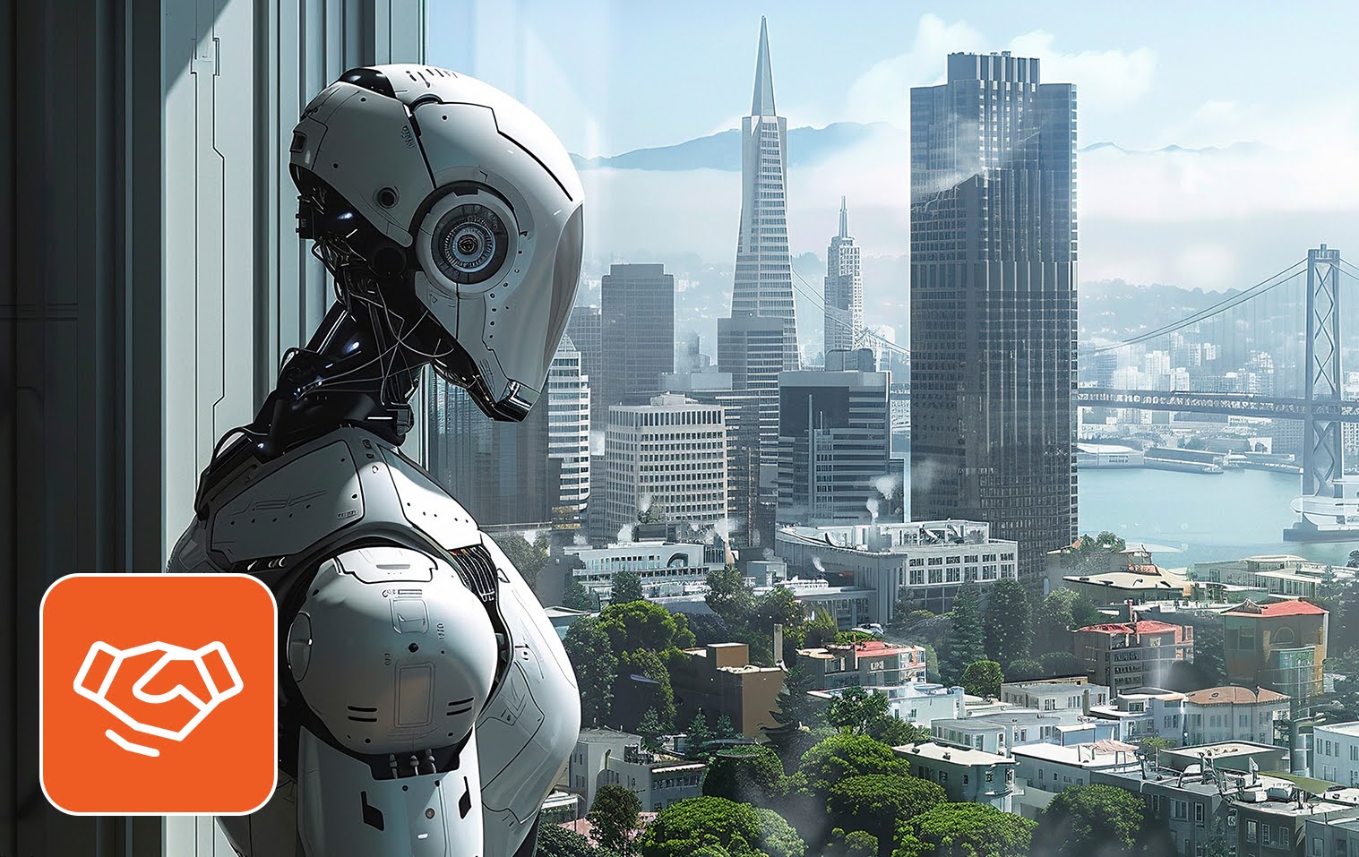 Concept image of a robot overlooking a US cityscape, showing AI in US hiring