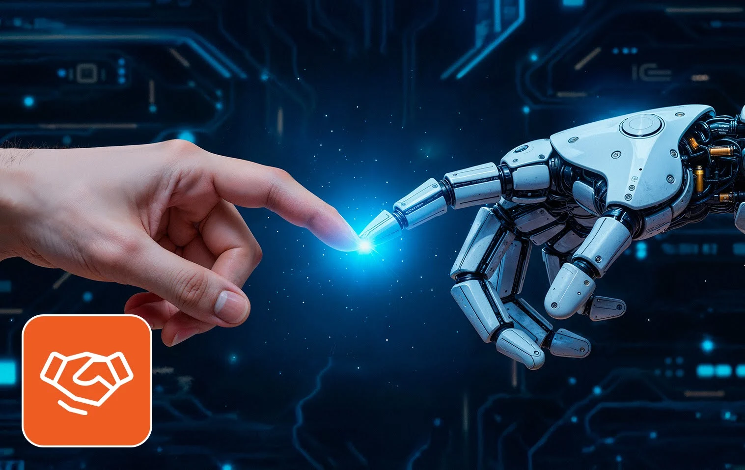 AI in staffing concept: Human and robot hand