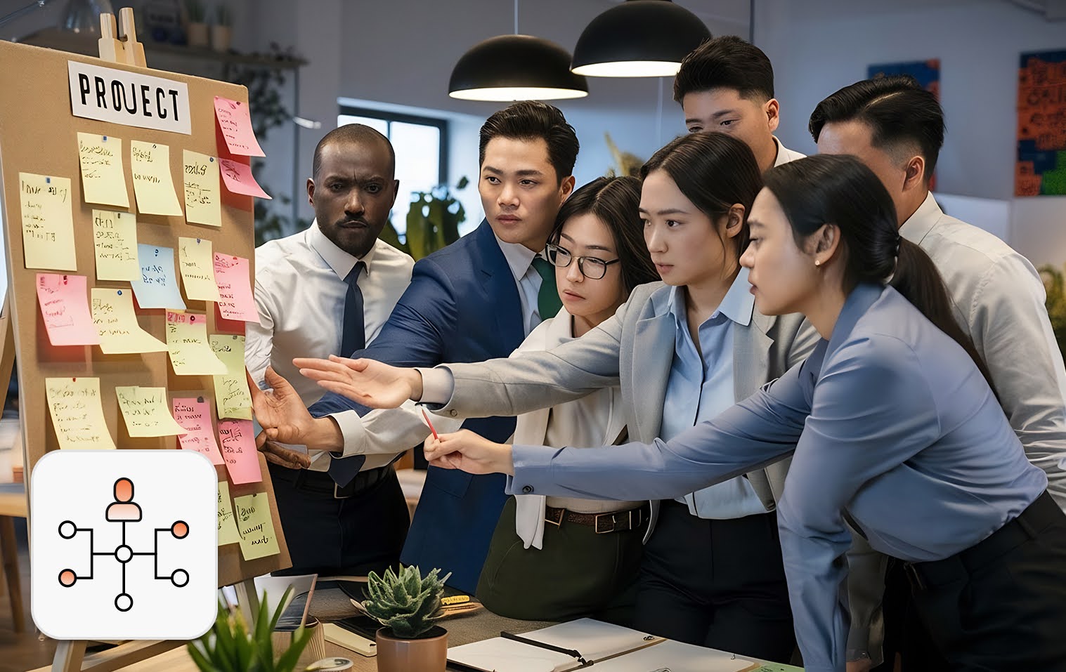A group of employees discussing enterprise workforce strategy in front of a board with sticky notes