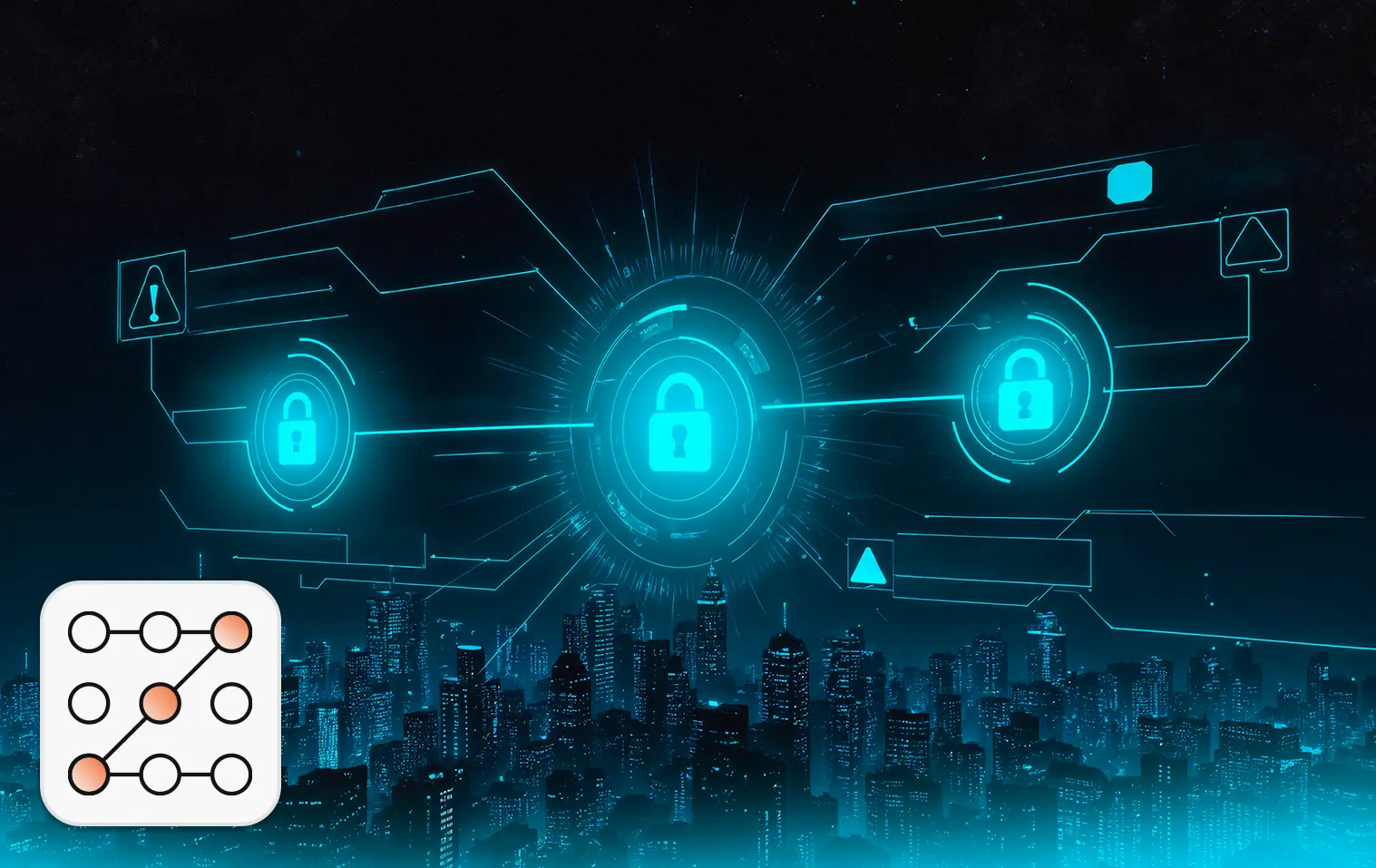Cybersecurity hiring trends concept: digital locks with a cityscape in background