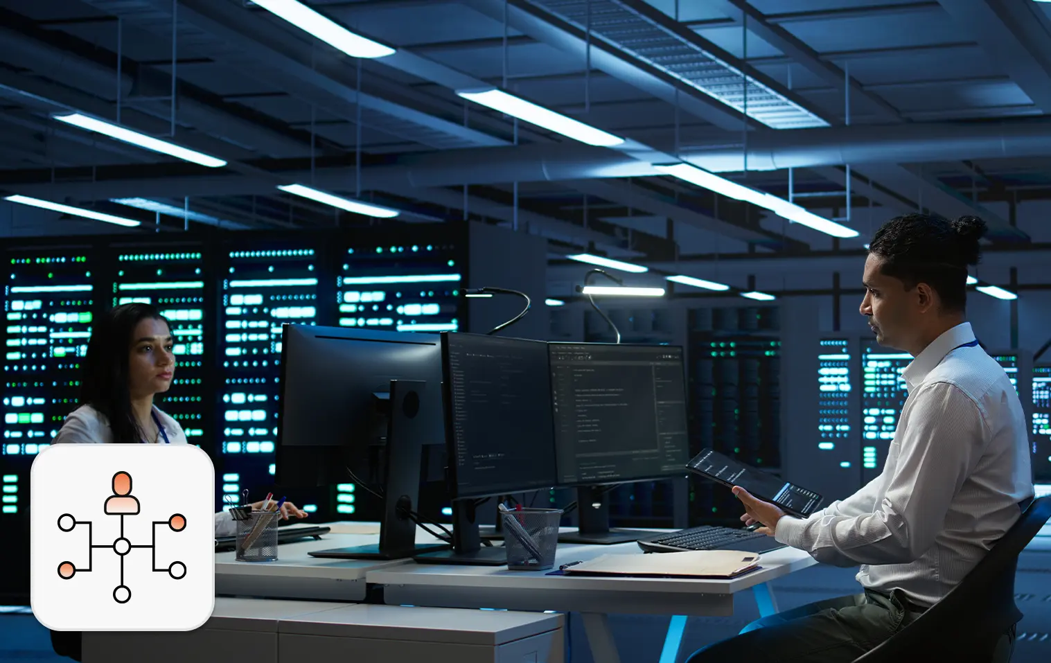 AI data center hiring concept: Two employees in a data center