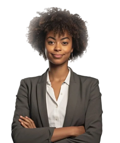 A professionally dressed woman with curly hair stands confidently with arms crossed, wearing a blazer over a white shirt, exuding professionalism and confidence.