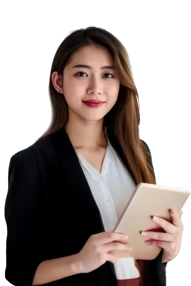 A woman in a black blazer holding a tablet, standing with a confident posture against a plain background, exuding professionalism.